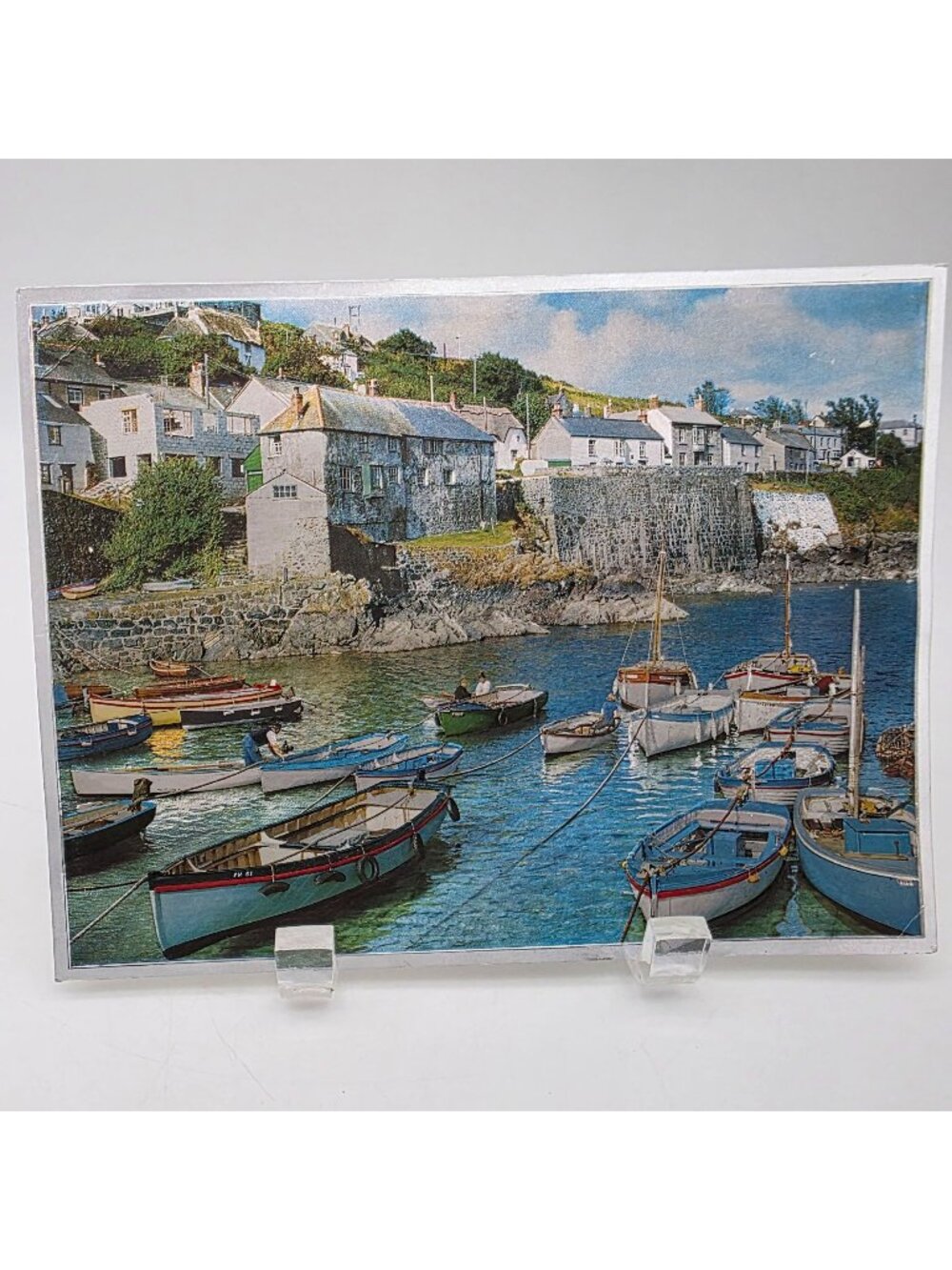 Harbor Scene Art Print Coastal Boats & Village Landscape Foil Image